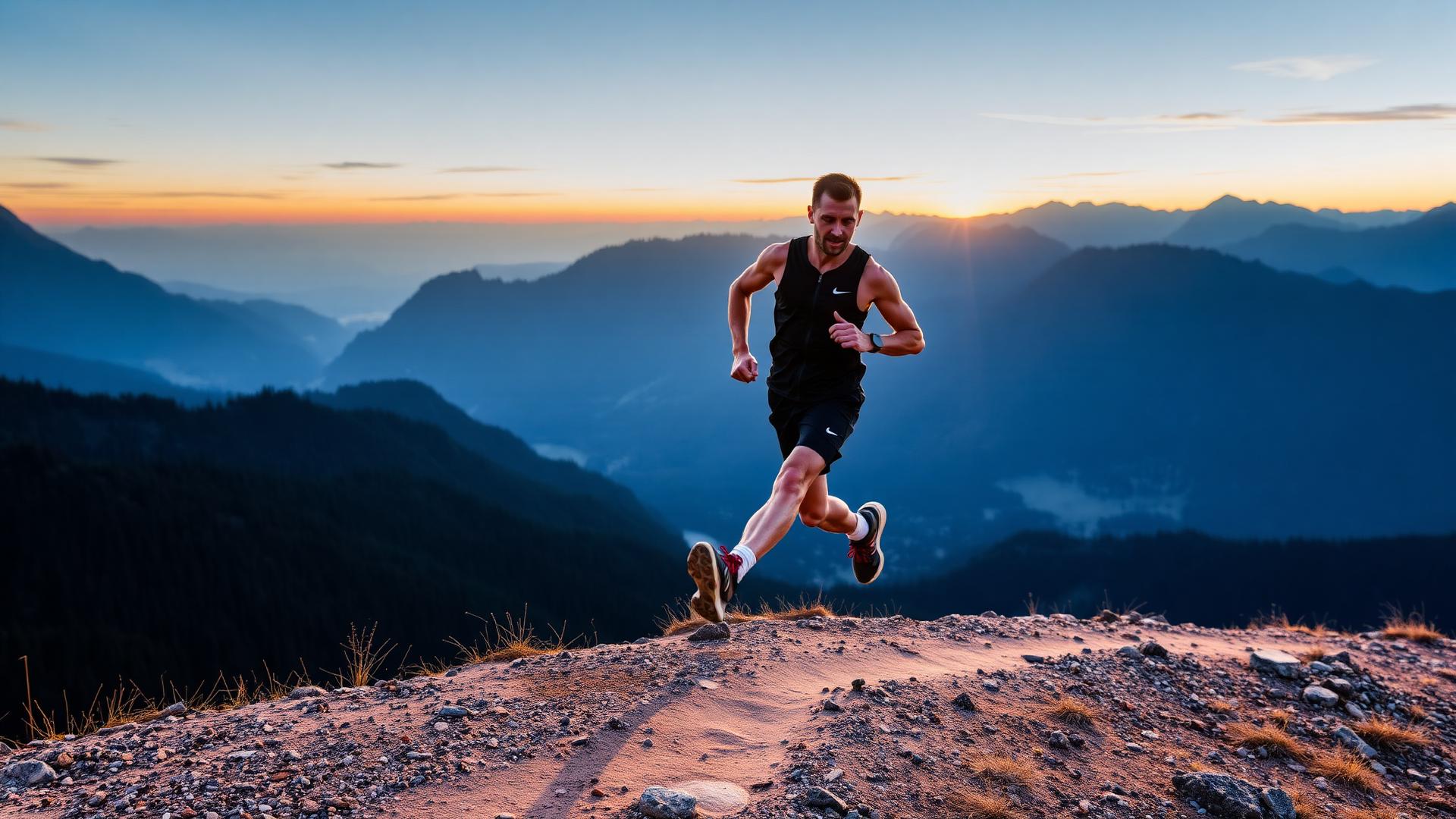 Trail runner on mountain ridge at sunrise showing endurance