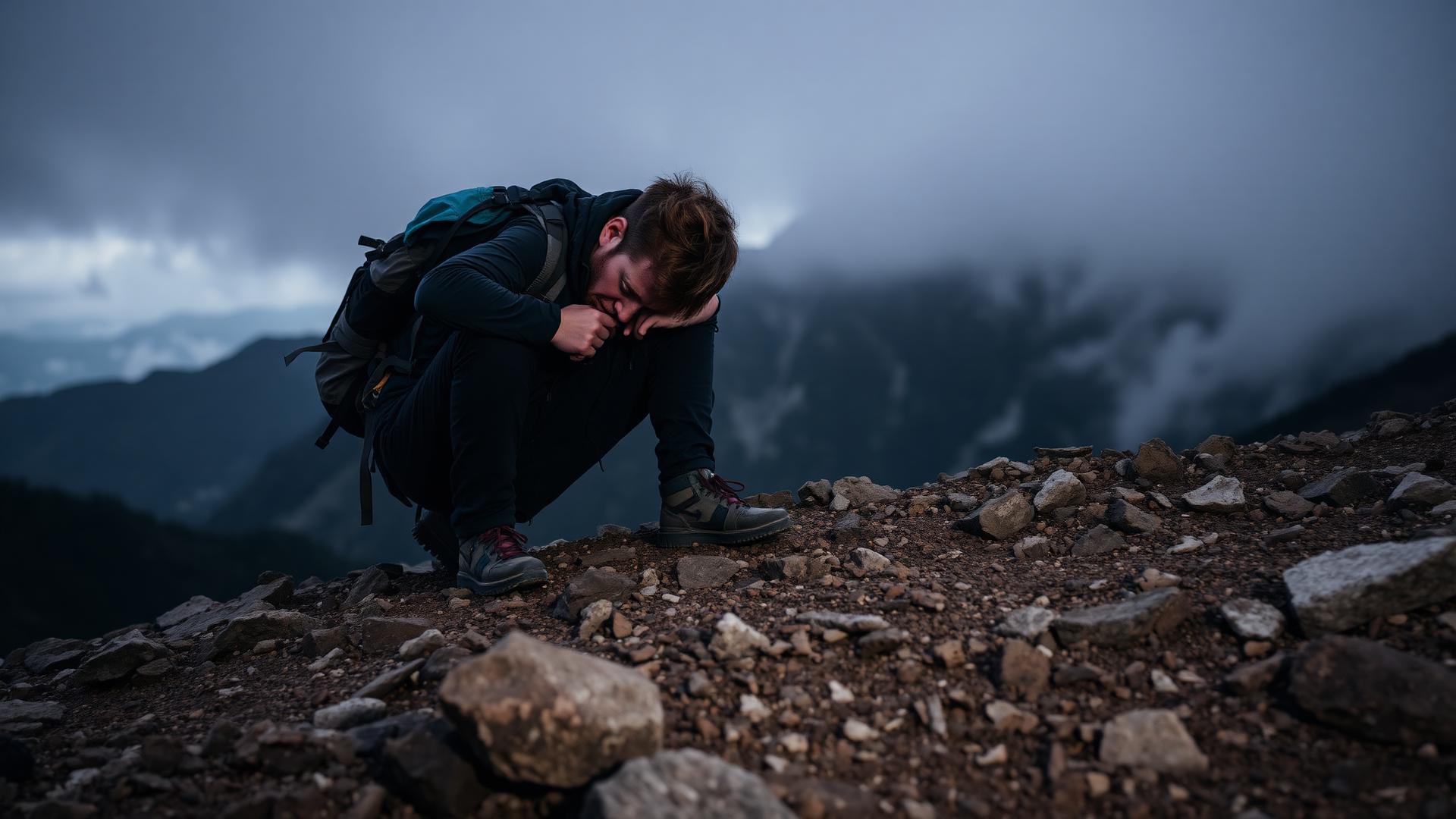Tired hiker resting on rocky mountain trail in misty conditions