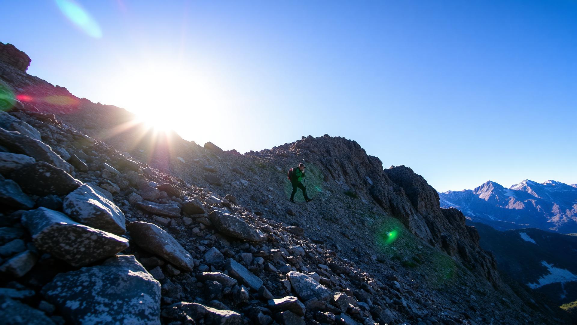 Hiker climbing steep rocky mountain trail at sunrise
