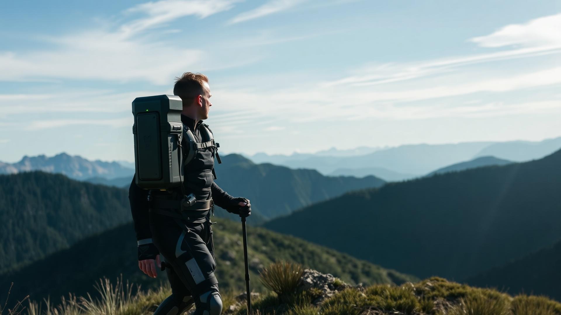Hiker wearing futuristic exoskeleton device on mountain trail